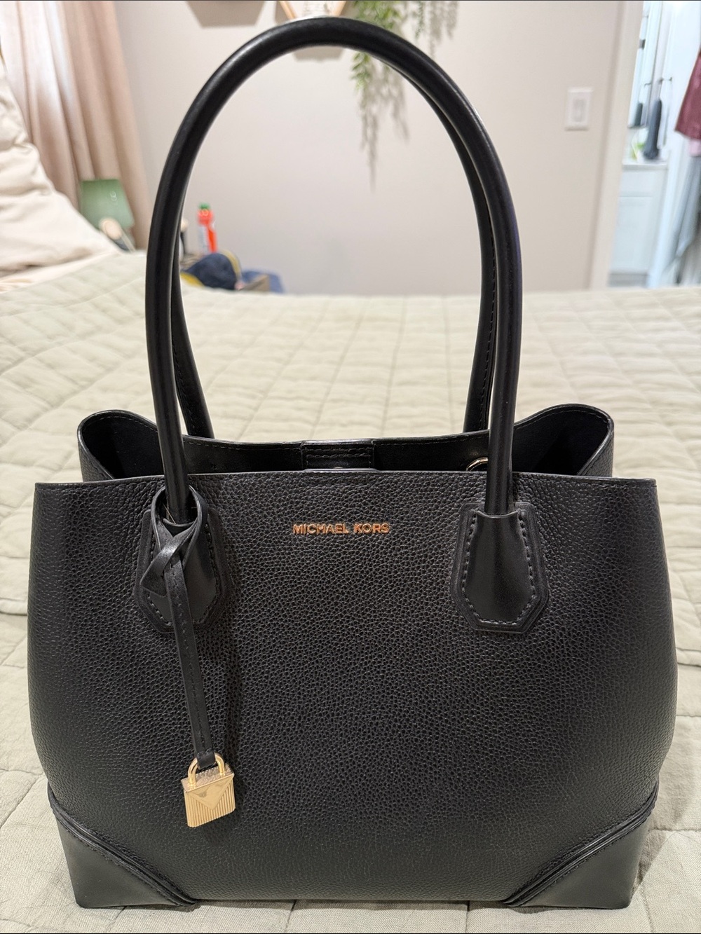 Michael Kors Black Pebbled Leather Tote with Gold Accents